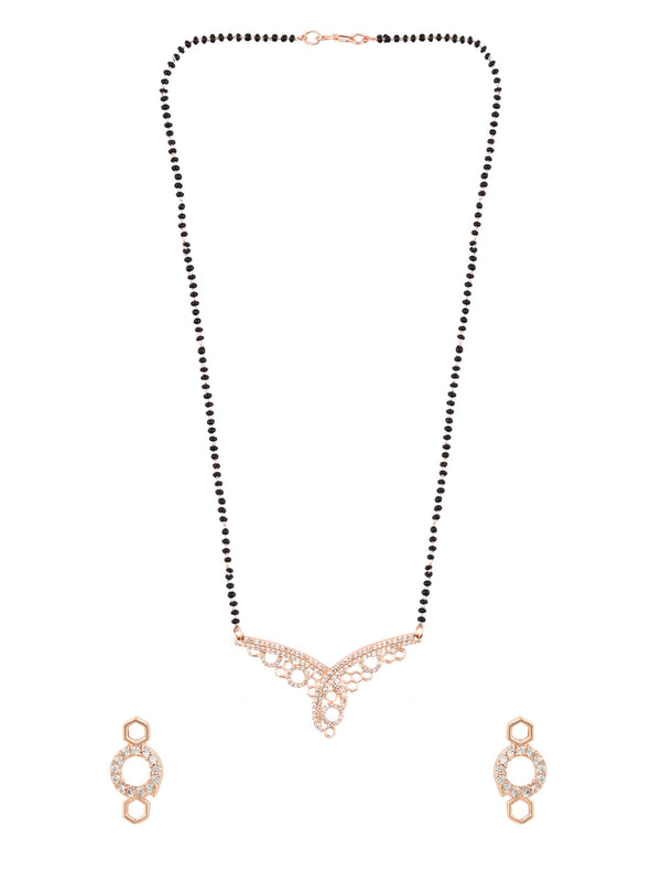 18k Rose Gold Plated Traditional Single Line American Diamond Pendant with Black Bead Chain Mangalsutra for Women (D103) | Womensfashionfun