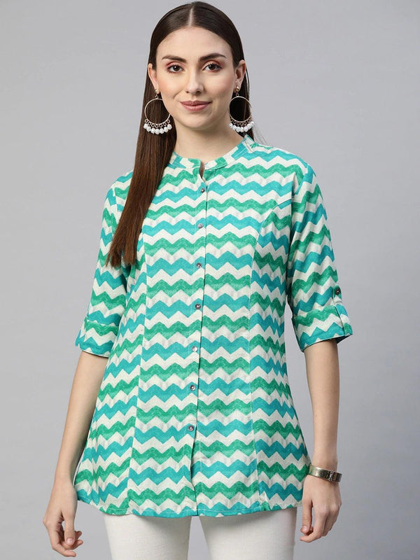 Teal Blue Geomatric Rayon A-line Shirts Style Top | WomensFashionFun