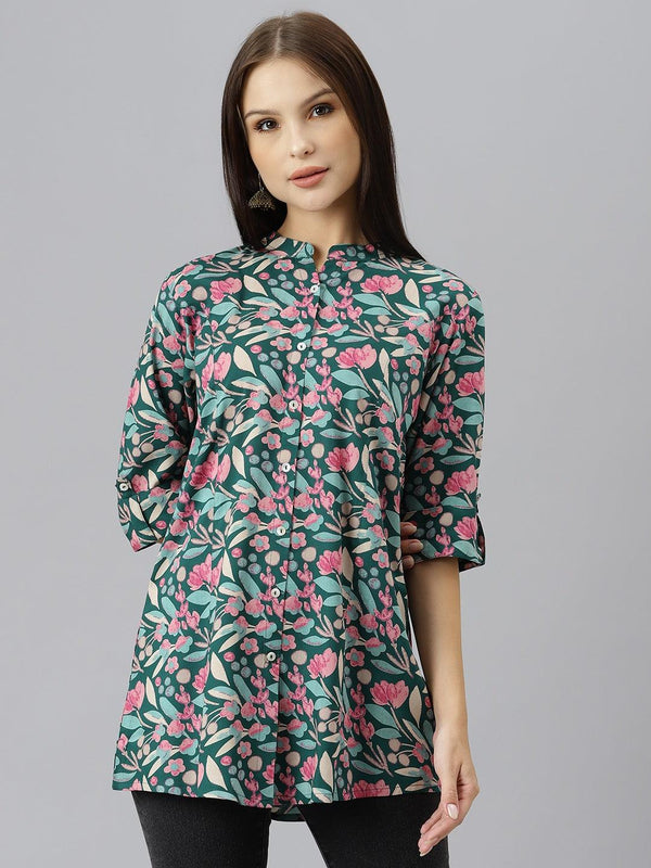 Dark Green Floral Rayon A-line Shirts Style Top | WomensFashionFun