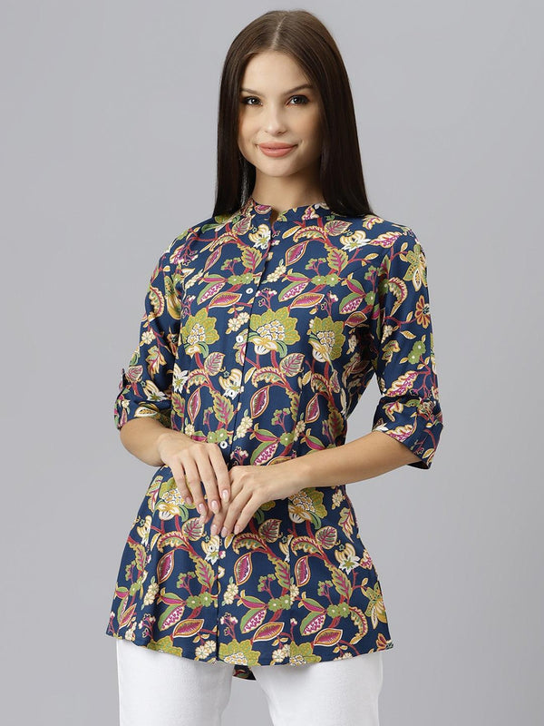 Navy Blue Floral Rayon A-line Shirts Style Top | WomensFashionFun