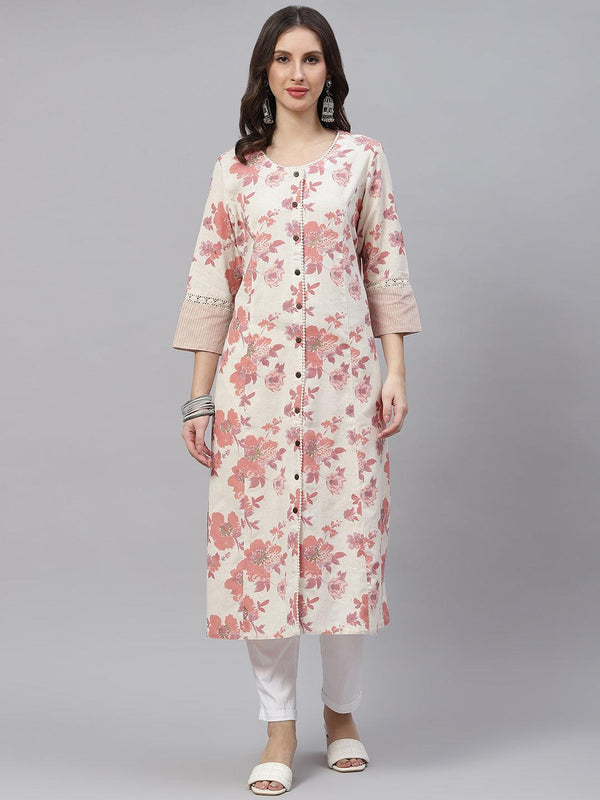 Cream Floral cotton flex A-Line Kurta | WomensFashionFun