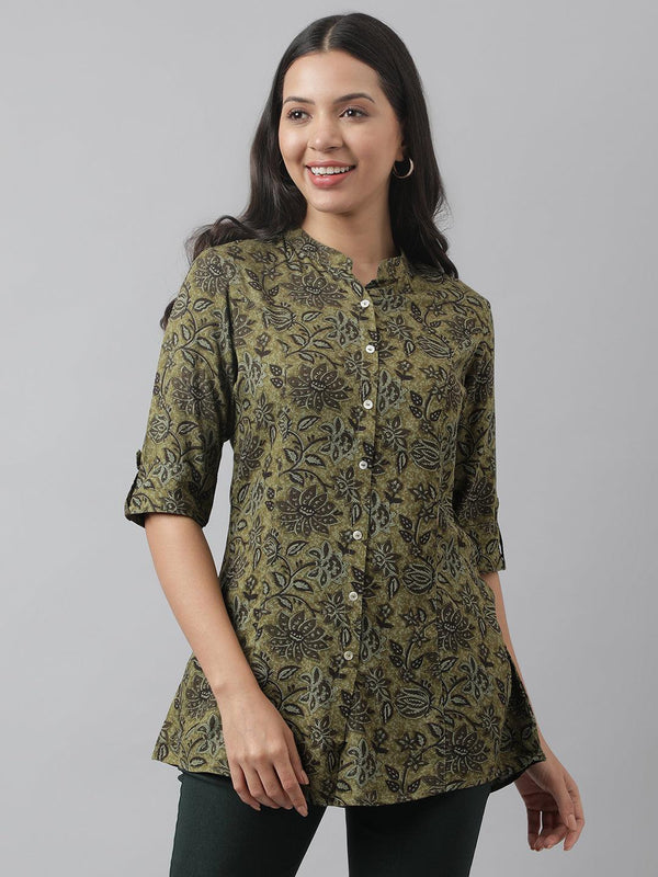 Olive Green Floral Printed Rayon A-line Shirt Style Top | WomensFashionFun