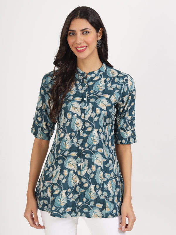 Women Bottle Green Floral Printed Rayon Top | WomensFashionFun.com