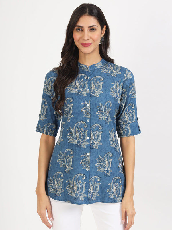 Women Blue Floral Printed Rayon Top | WomensFashionFun.com