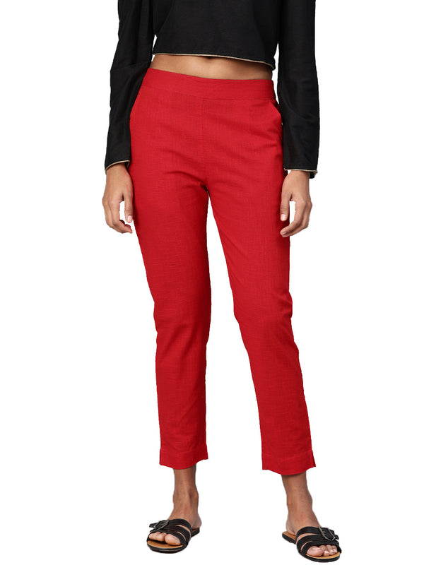 Women Red Straight Fit Solid Regular Trousers | WomensFashionFun