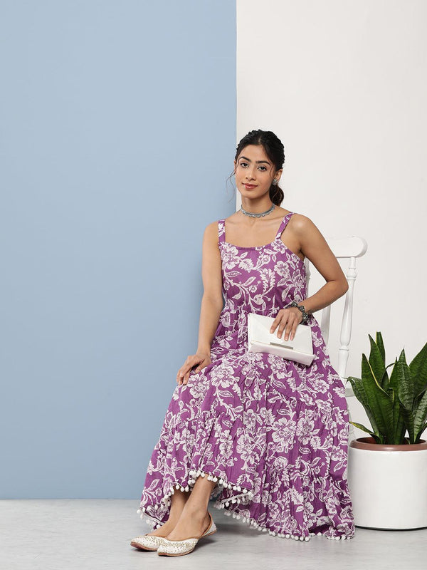 Purple Floral Shoulder Strip Long Dress | WomensFashionFun