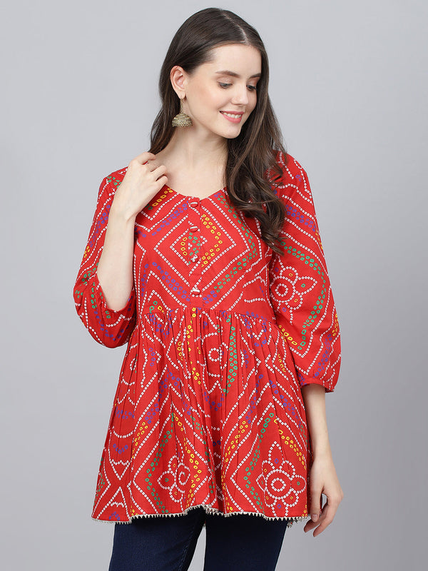 Women Red Bandhani Printed Cotton Peplum Top | WomensFashionFun.com