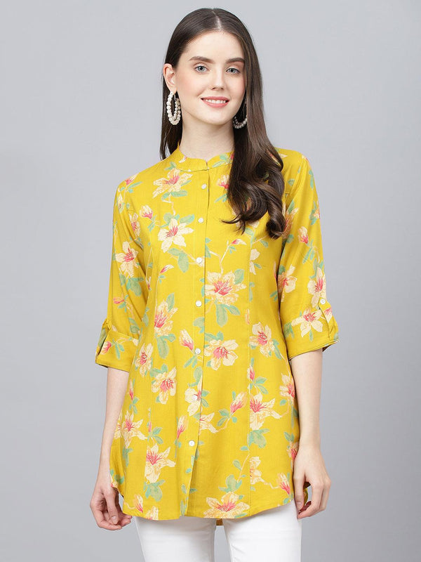 Yellow Floral printed Rayon A-line Shirts Style Top | WomensFashionFun