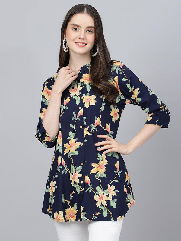 Navy Blue Floral printed Rayon A-line Shirts Style Top | WomensFashionFun