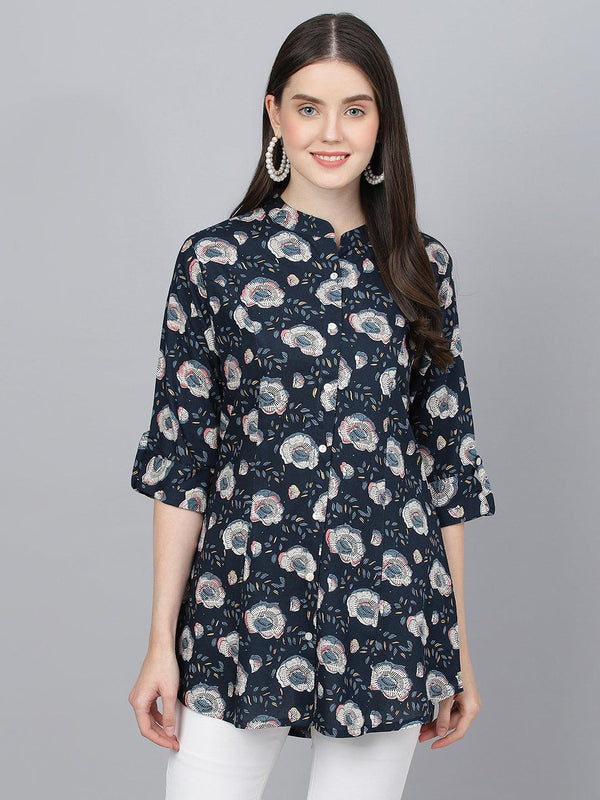 Blue Floral printed Rayon A-line Shirts Style Top | WomensFashionFun