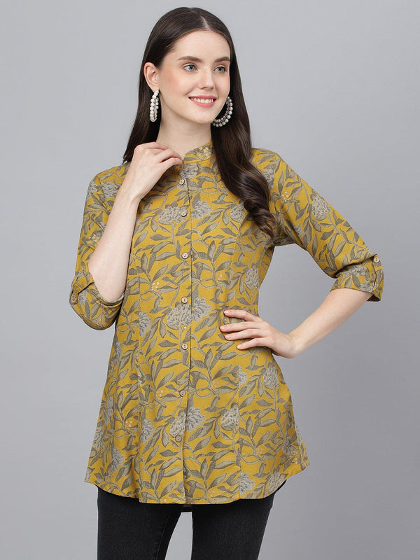 Mustard Floral printed Rayon A-line Shirts Style Top | WomensFashionFun