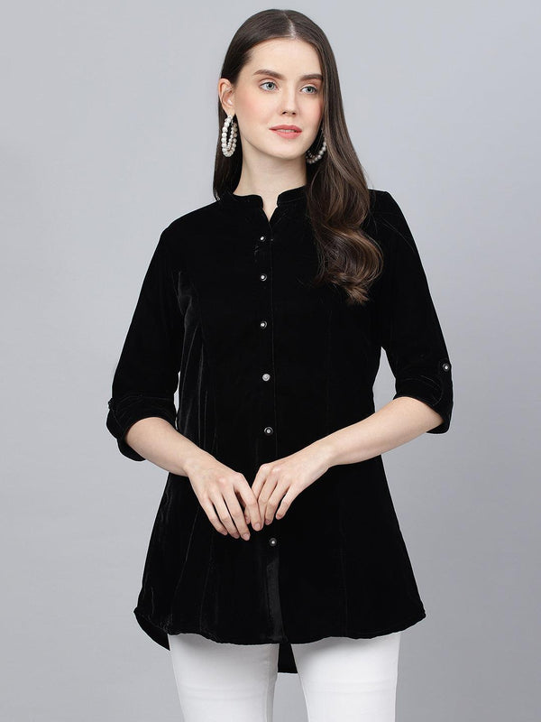 Black Solid Velvet A-line Shirts Style Top | WomensFashionFun