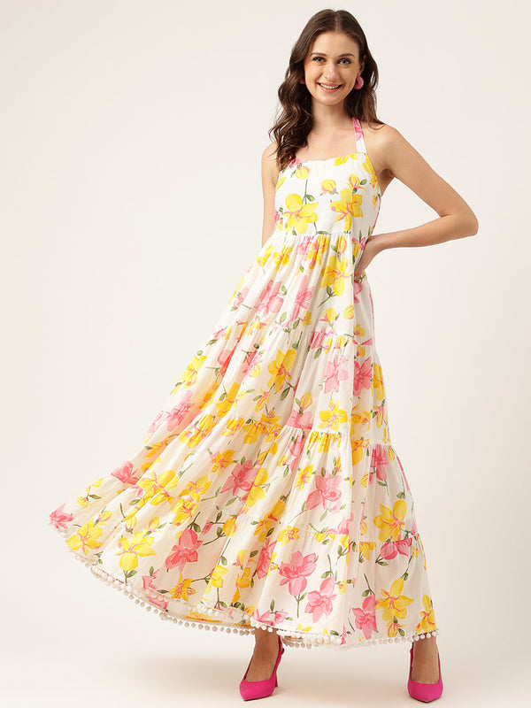 Floral Printed Halter Neck Cotton Casual Maxi Dress | WomensFashionFun