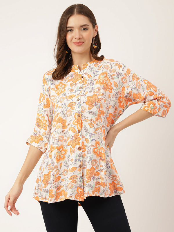 Orange Floral Print Rayon Regular Top | WomensFashionFun