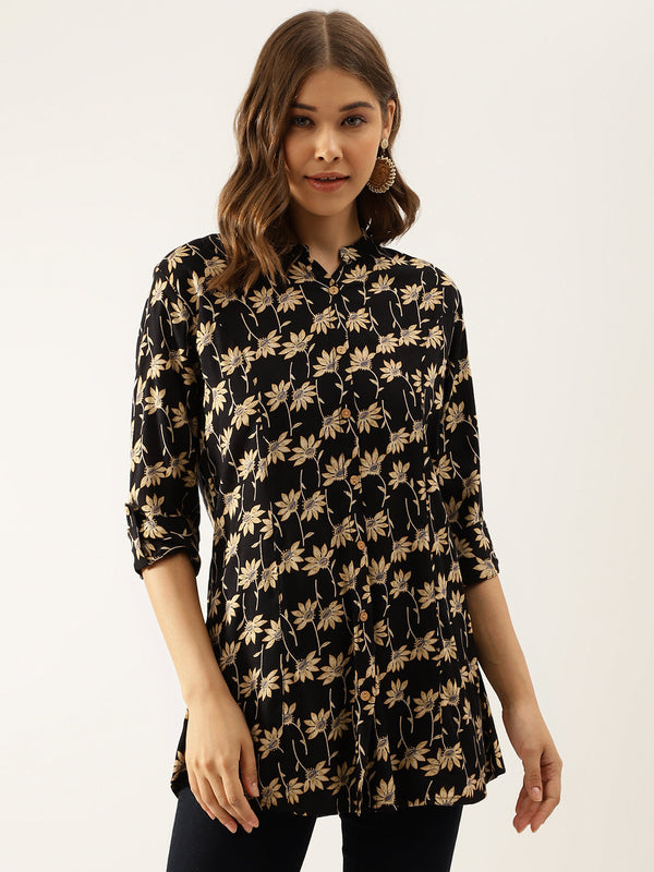 Black Floral Printed Rayon Shirt type Top for Women | WomensFashionFun