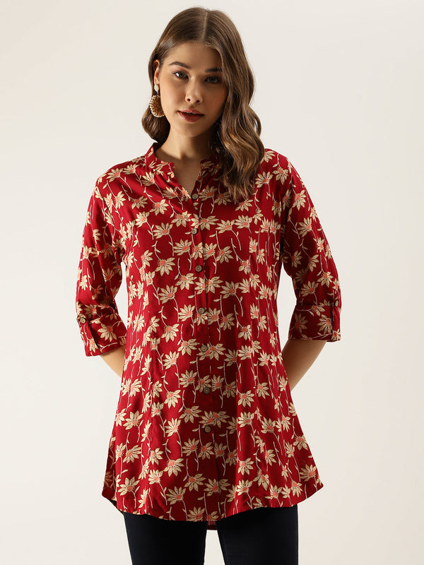 Maroon Floral Printed Rayon Shirt type Top for Women | WomensFashionFun