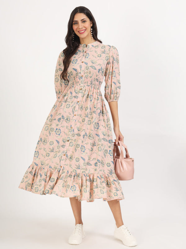 Pink Floral Print Cotton Knee Long Dress for Women | WomensFashionFun.com