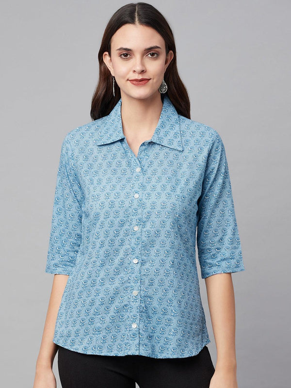 Sky Blue Block Printed Casual Women Shirts | WomensFashionFun