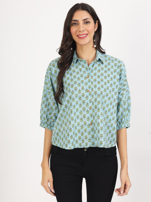 Women Sky Blue Floral Printed Cotton Tops | WomensFashionFun.com