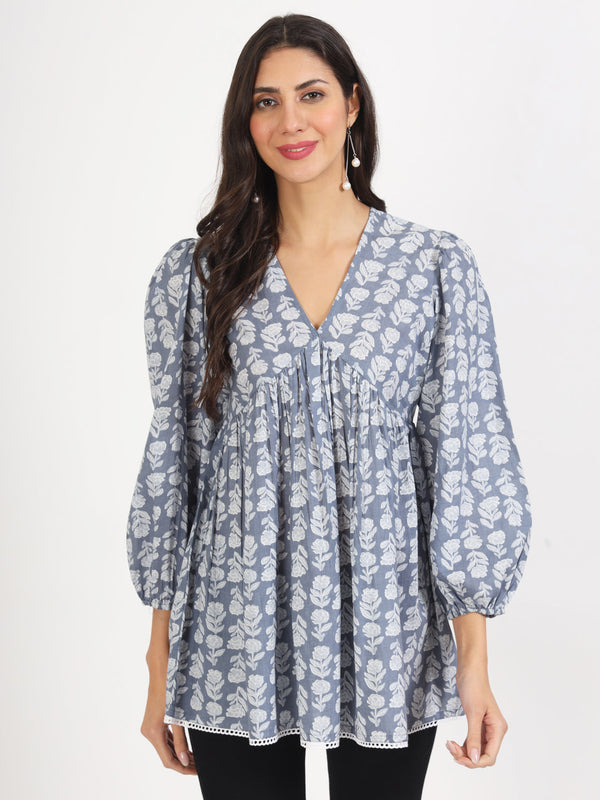 Women Grey Floral Printed Cotton Top | WomensFashionFun.com