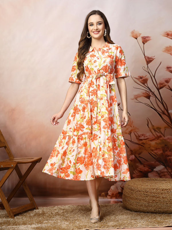 Floral Printed Cotton Flared Dress