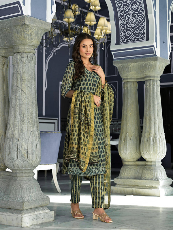 Green Ethnic Printed Chanderi Silk Kurta Trouser with Dupatta Set | WomensFashionFun