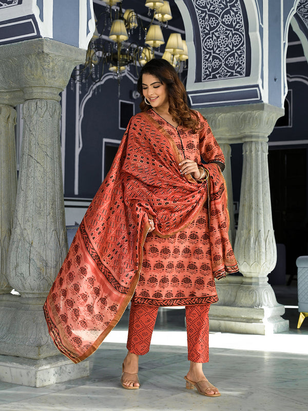 Maroon Ethnic Printed Chanderi Silk Kurta Set with Maheshwari Silk Dupatta | WomensFashionFun