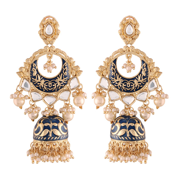 18K Gold Plated Intricately Designed Traditional Blue Enamel Glided With Kundans & Pearls Jhumki Earrings For Women (E2905Bl) | Womensfashionfun