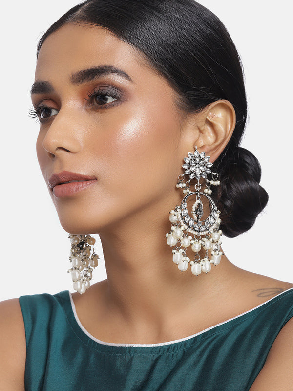 18k Silver Oxidised Traditional Handcrafted Pearl Kundan Beaded Chandbali Earrings for Women/Girls (E2916OX) | Womensfashionfun