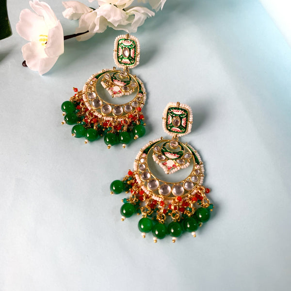 18K Gold Plated Traditional Meenakari Stone Studded Pearl Dangle Earrings For Women(E2926) (Green) | Womensfashionfun