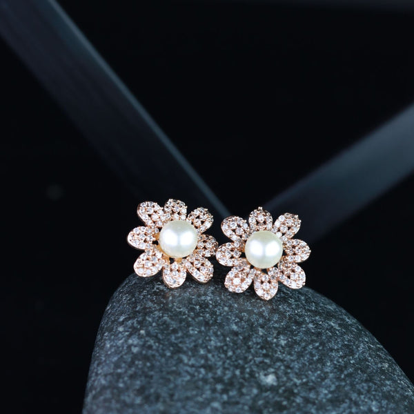 Stylish Latest Fashion Rose Gold-Plated & White Floral Studs Earrings for Women (E2974) | Womensfashionfun