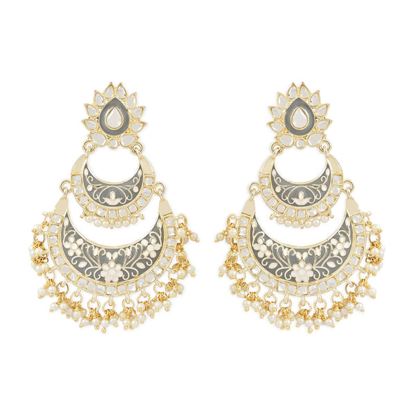 18K Gold Plated Intricately Designed Traditional Meenakari Earrings Glided With Kundans & Pearls (E3003) (Grey) For Women | Womensfashionfun