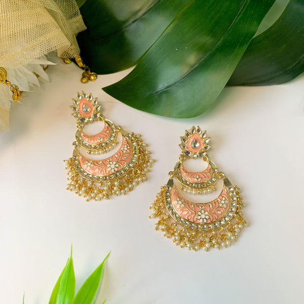 18K Gold Plated Intricately Designed Traditional Meenakari Earrings Glided With Kundans & Pearls (E3003, Peach, Womens) | Womensfashionfun