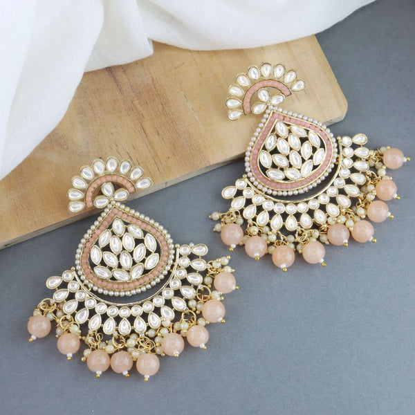 Gold Plated Traditional Handcrafted Kundan Earrings Adorned with Pearls for Women and Girls (E3015) (Peach) | Womensfashionfun