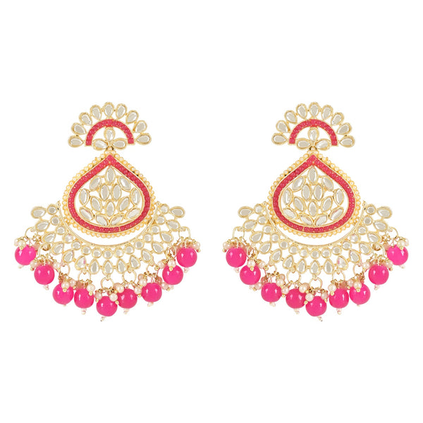 Gold Plated Traditional Handcrafted Kundan Earrings Adorned with Pearls for Women and Girls (E3015) (Dark Pink) | Womensfashionfun