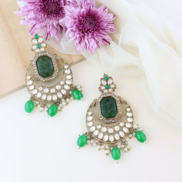 Gold Plated Traditional Kundan Pearl Stone Chandbali Earrings For Women/Girls (Green) | Womensfashionfun