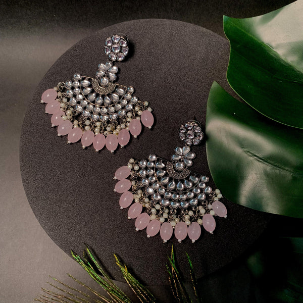 Ethnic Stylish Silver Oxidised Kundan Pearl Chandbali Earrings For Women And Girls (E3106ZPi) | Womensfashionfun