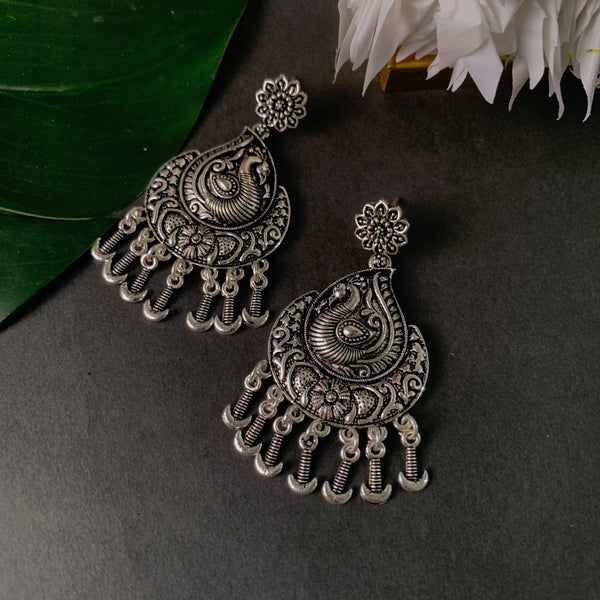 Navratri Ethnic Silver Oxidised Afghani Floral & Peacock Design Drop Earrings For Women & Girls (E3137OX) | Womensfashionfun