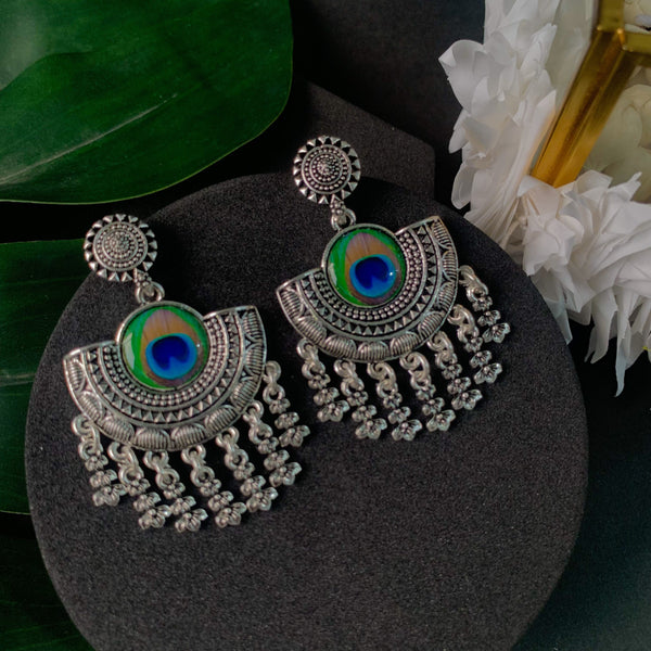 Navratri Ethnic Silver Oxidised Afghani Style Peacock Fether Earrings For Women & Girls (E3140OX) | Womensfashionfun