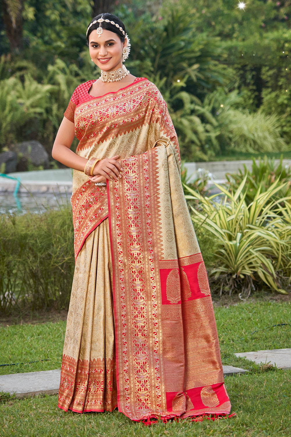 Women Pink Kanjivaram Silk Woven Work Traditional Tassels Saree