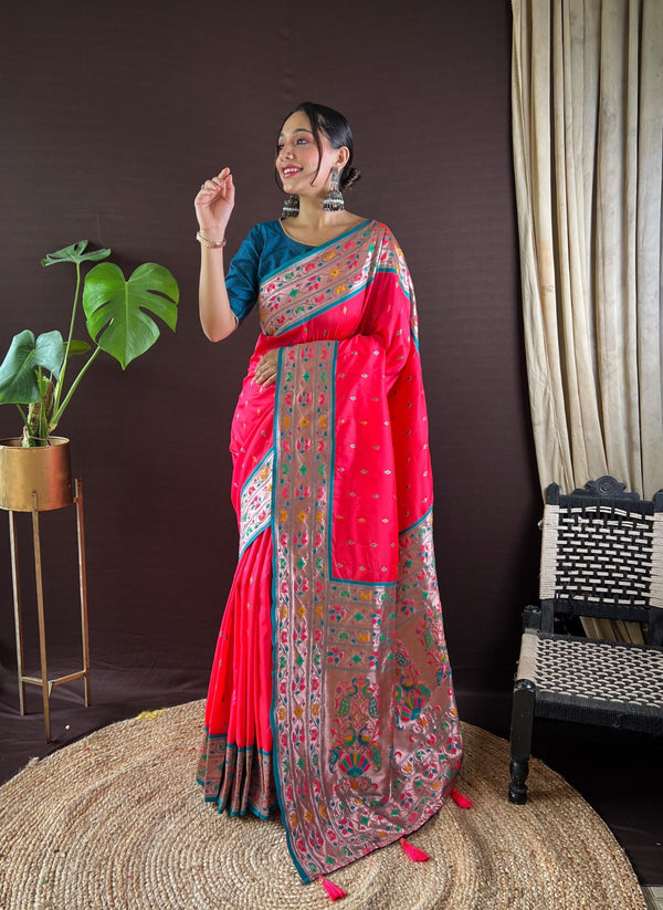 Women Party Wear Jari Weaving Paithani Silk Saree with Un Stitched Blouse | WomensFashionFun