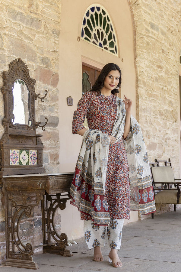 Women Maroon & Cream Printed Straight Kurta Plazzo with Printed Dupatta | WomensFashionFun