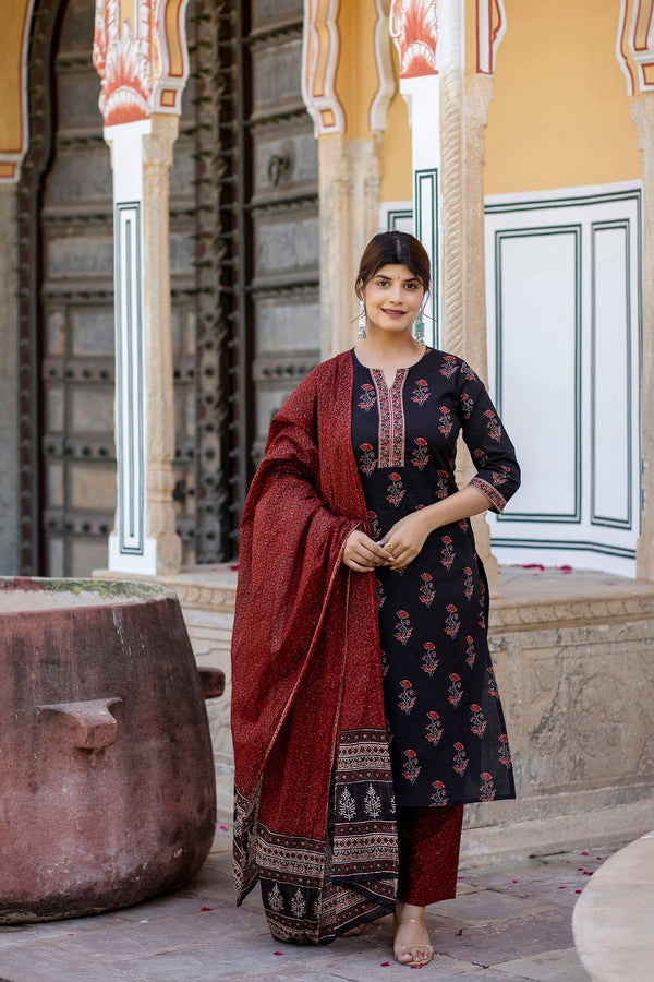 Women Black & Maroon Floral Printed Straight Kurta With Palzzo And Dupatta | WomensFashionFun