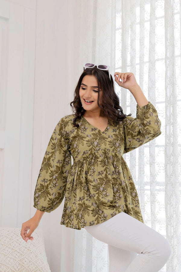 Women Green Printed V-Neck Peplum Tunic | WomensFashionFun