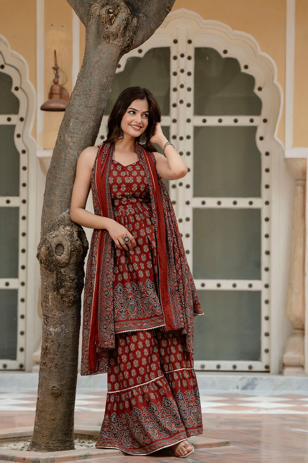 Maroon Printed Kurti and Sharara Set With Dupatta | WomensFashionFun