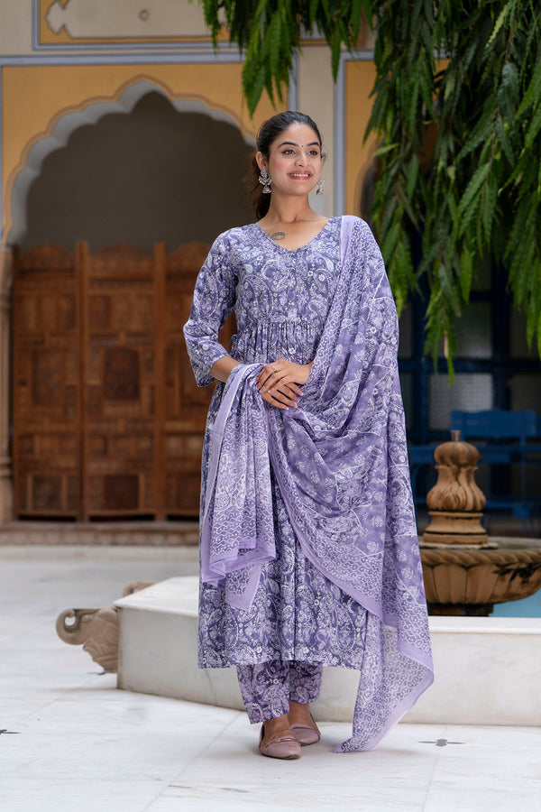 Purple Printed Anarkali Kurta Set With Dupatta For Women | WomensFashionFun