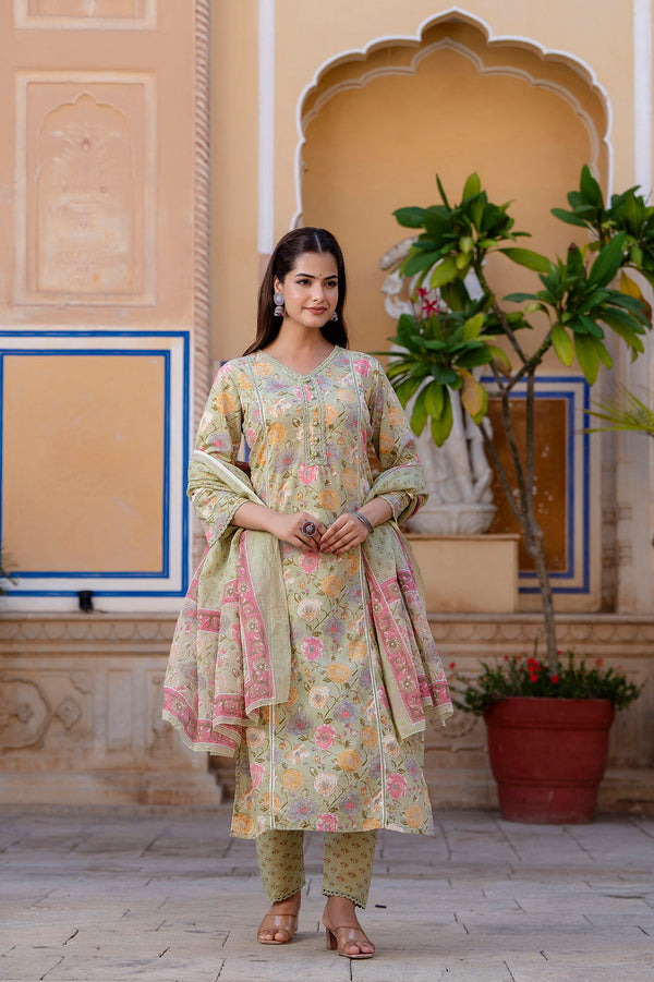 Women Green Printed Straight Kurta And Trouser With Dupatta | WomensFashionFun