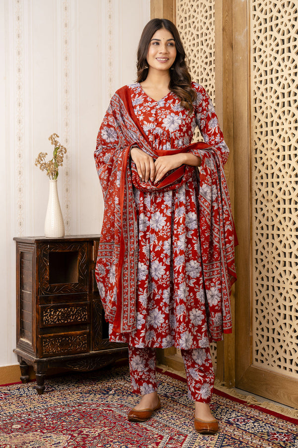 Women Maroon Floral Printed Anarkali Kurta And Trouser With Dupatta | WomensFashionFun