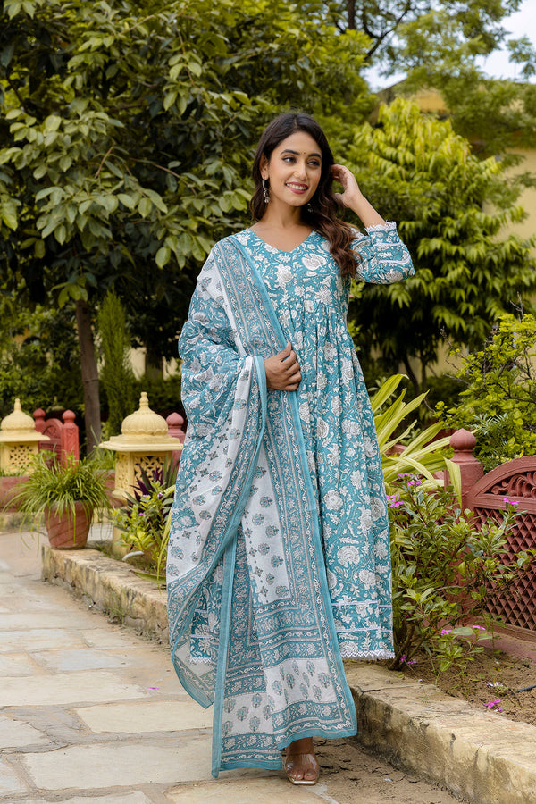 Blue Printed Anarkali Kurta Set With Dupatta For Women | WomensFashionFun