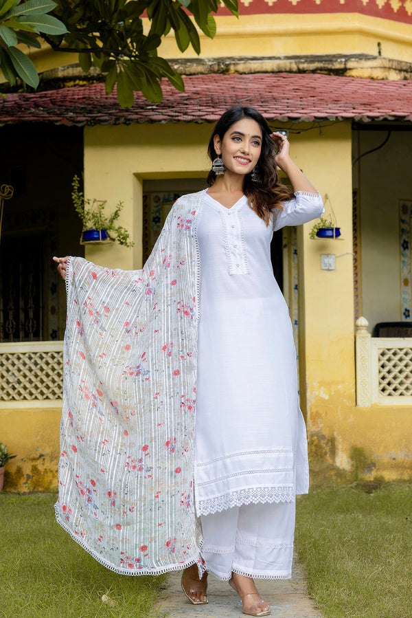 Pure White Straight Kurta Set With Printed Dupatta | WomensFashionFun